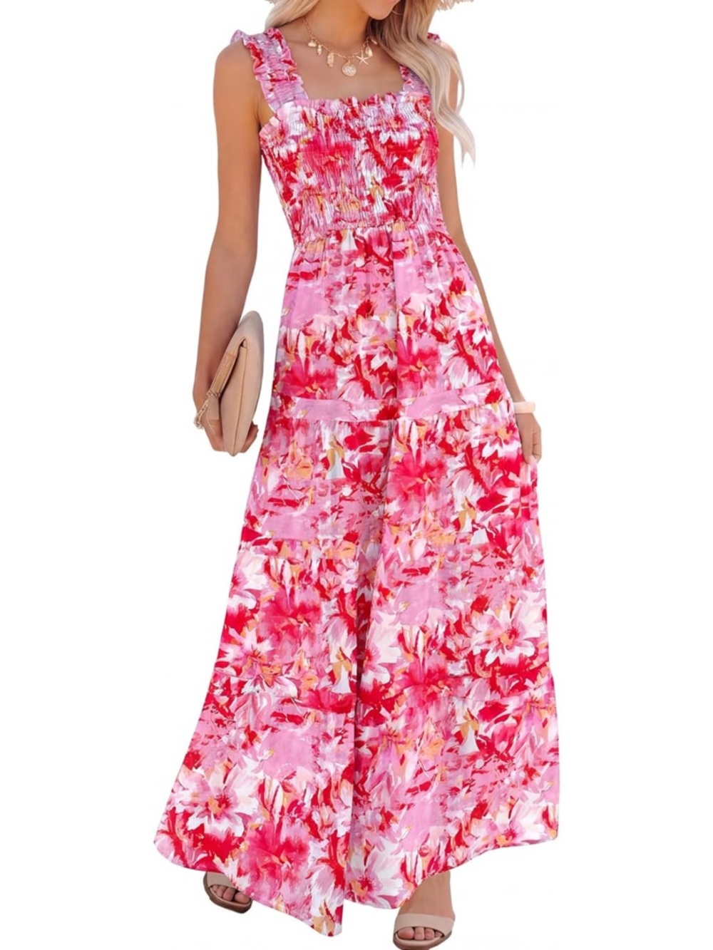 🎀🌹Pink Floral Maxi Dress with Smocked Bodice